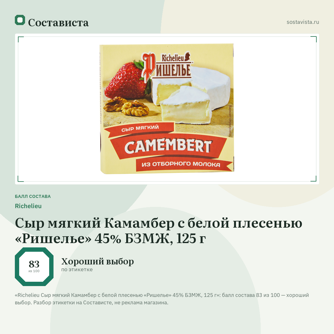 Richelieu Сыр мягкий Камамбер с белой плесенью «Ришелье» 45% БЗМЖ, 125 г: балл состава 83 из 100 — Состависта