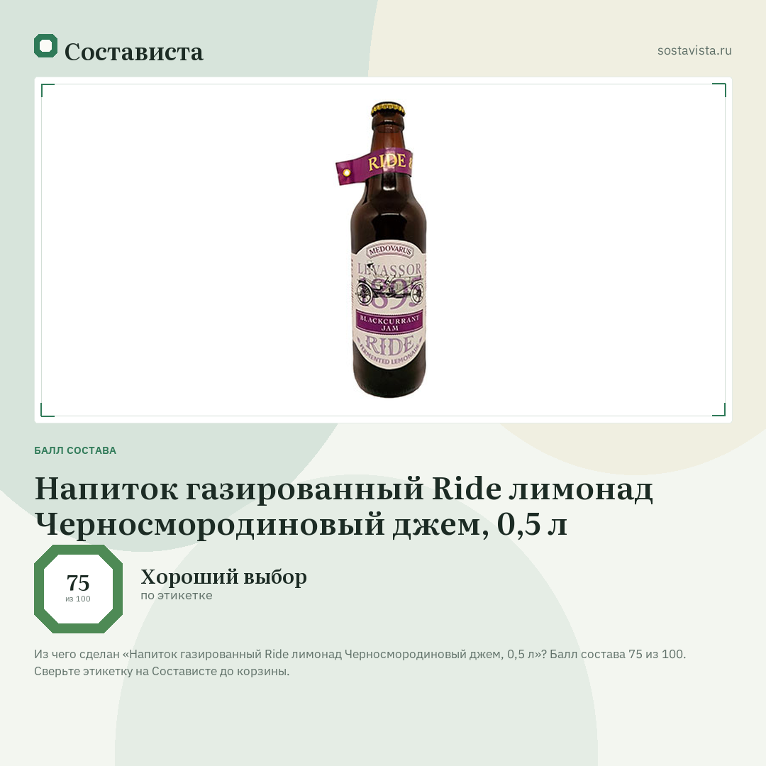 Напиток газированный Ride лимонад Черносмородиновый джем, 0,5 л: балл состава 75 из 100 — Состависта