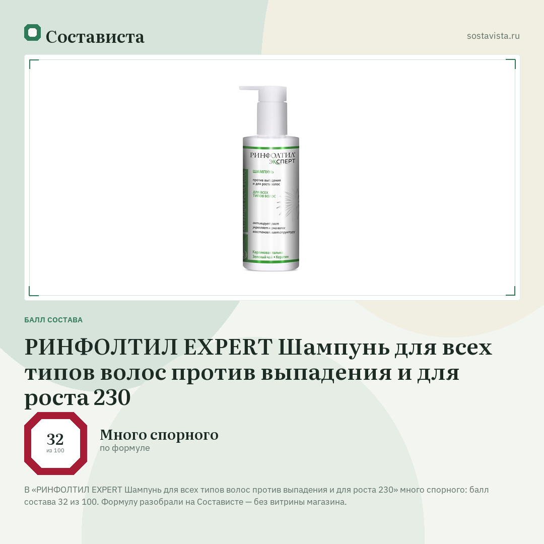 РИНФОЛТИЛ EXPERT Шампунь для всех типов волос против выпадения и для роста 230: балл состава 32 из 100 — Состависта