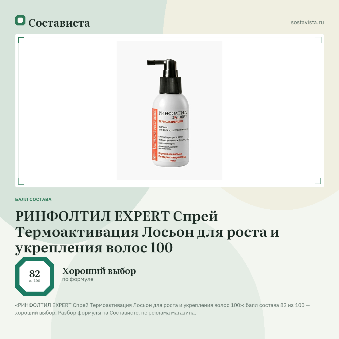 РИНФОЛТИЛ EXPERT Спрей Термоактивация Лосьон для роста и укрепления волос 100: балл состава 82 из 100 — Состависта