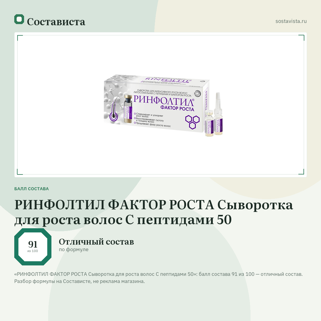 РИНФОЛТИЛ ФАКТОР РОСТА Сыворотка для роста волос С пептидами 50: балл состава 91 из 100 — Состависта