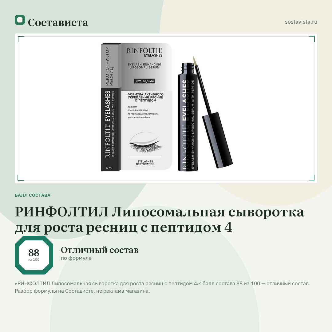 РИНФОЛТИЛ Липосомальная сыворотка для роста ресниц с пептидом 4: балл состава 88 из 100 — Состависта