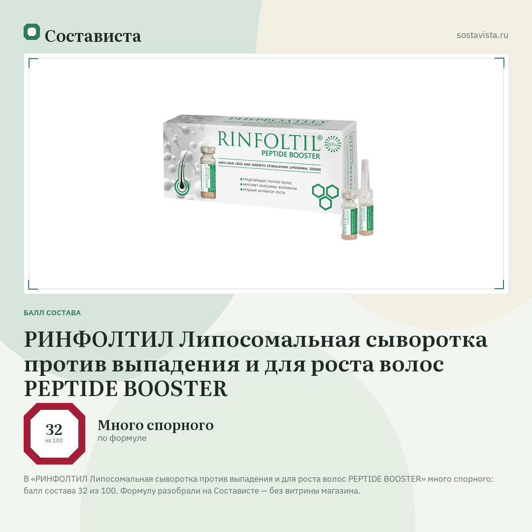 РИНФОЛТИЛ Липосомальная сыворотка против выпадения и для роста волос PEPTIDE BOOSTER: балл состава 32 из 100 — Состависта