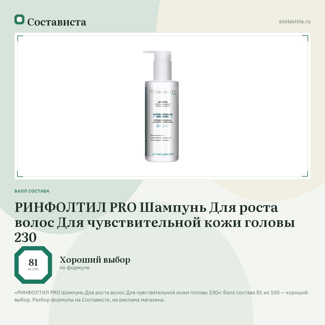 РИНФОЛТИЛ PRO Шампунь Для роста волос Для чувствительной кожи головы 230: балл состава 81 из 100 — Состависта