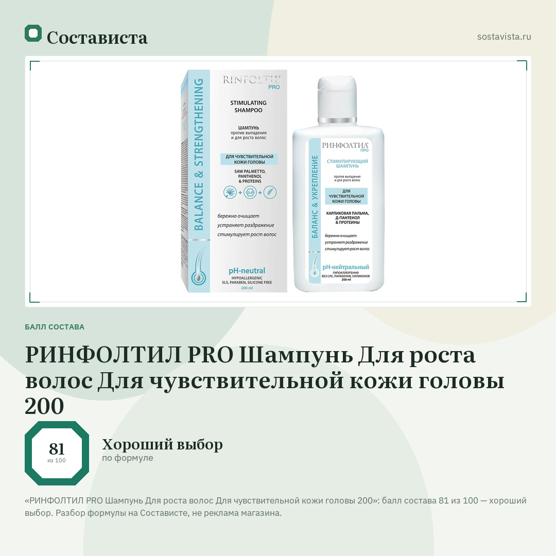 РИНФОЛТИЛ PRO Шампунь Для роста волос Для чувствительной кожи головы 200: балл состава 81 из 100 — Состависта
