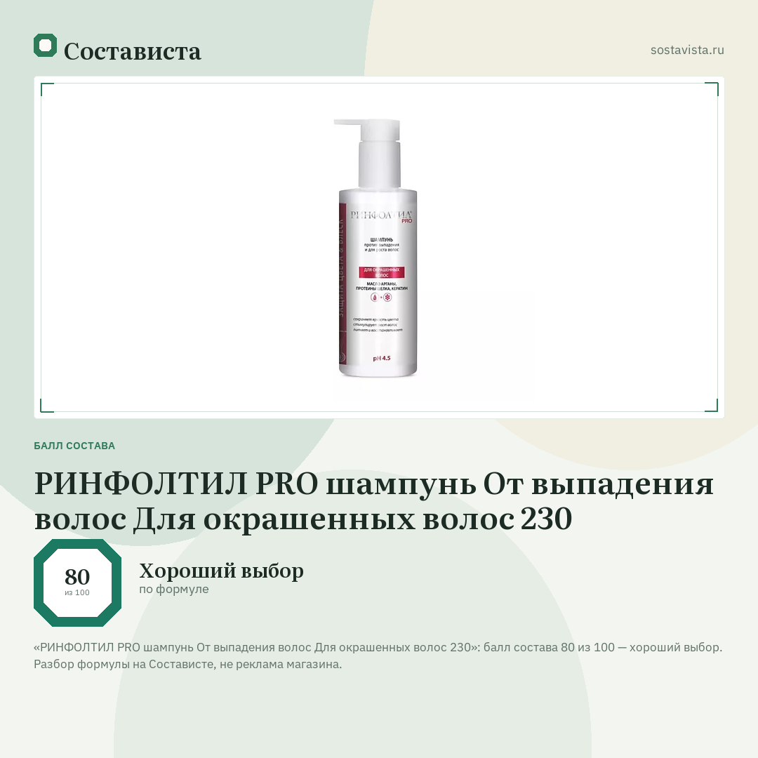 РИНФОЛТИЛ PRO шампунь От выпадения волос Для окрашенных волос 230: балл состава 80 из 100 — Состависта