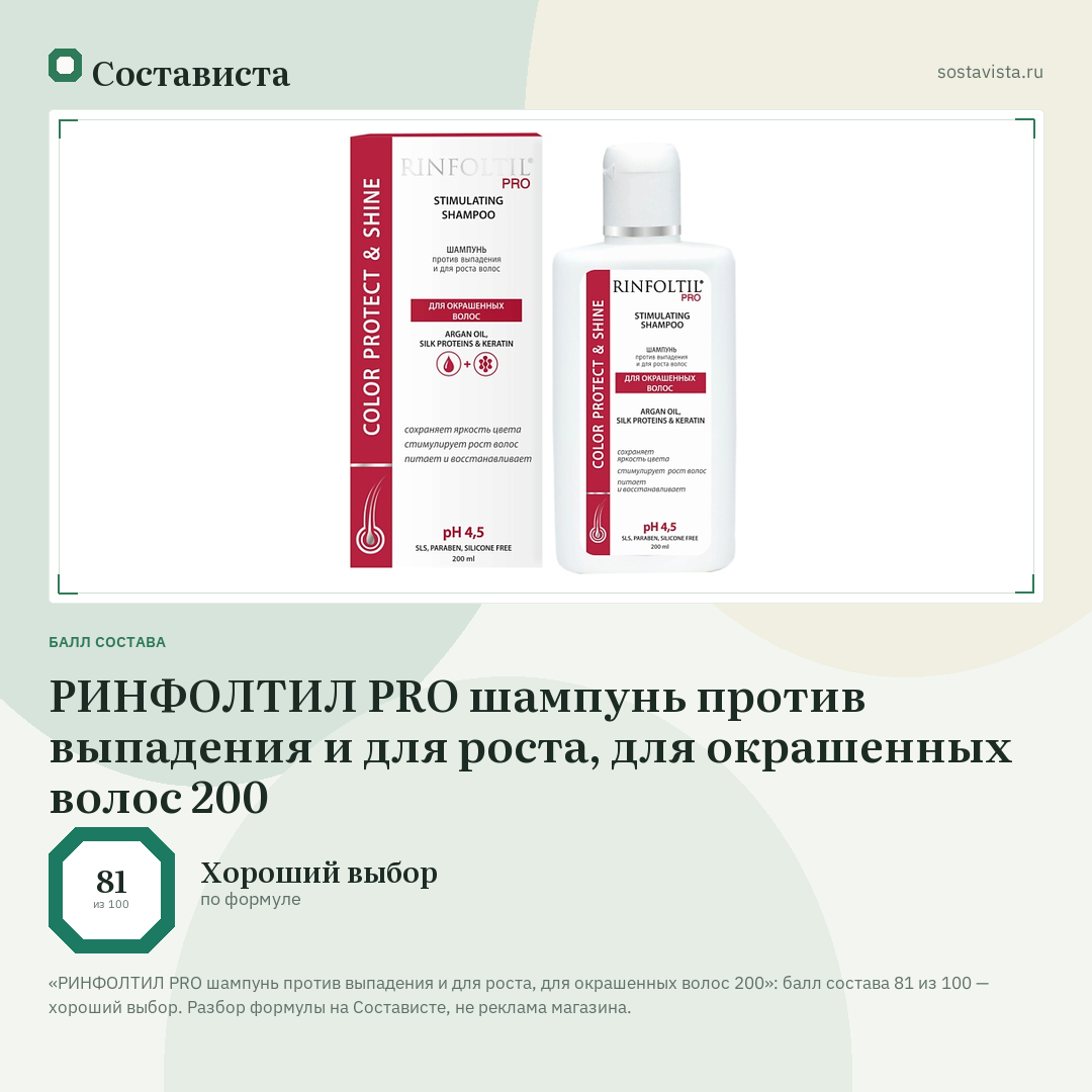 РИНФОЛТИЛ PRO шампунь против выпадения и для роста, для окрашенных волос 200: балл состава 81 из 100 — Состависта