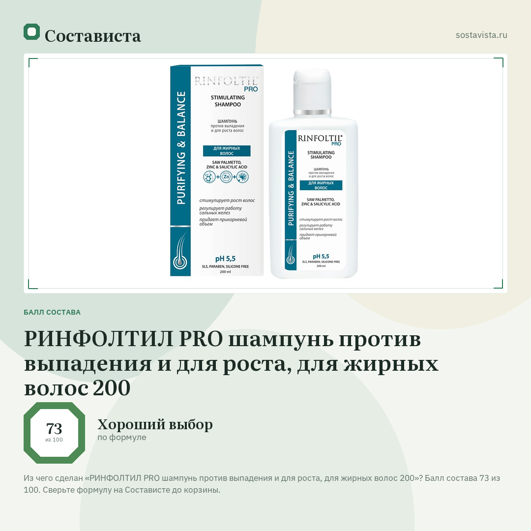 РИНФОЛТИЛ PRO шампунь против выпадения и для роста, для жирных волос 200: балл состава 73 из 100 — Состависта