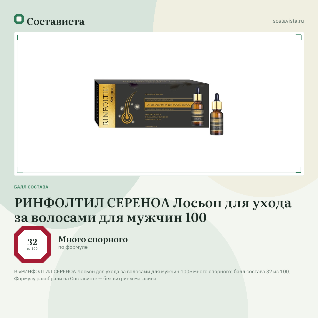 РИНФОЛТИЛ СЕРЕНОА Лосьон для ухода за волосами для мужчин 100: балл состава 32 из 100 — Состависта