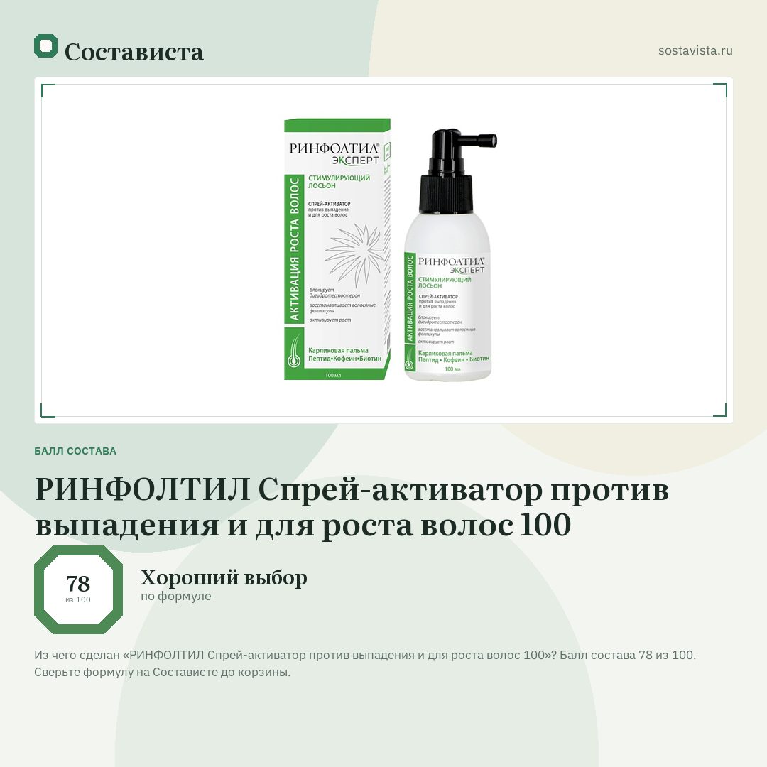 РИНФОЛТИЛ Спрей-активатор против выпадения и для роста волос 100: балл состава 78 из 100 — Состависта