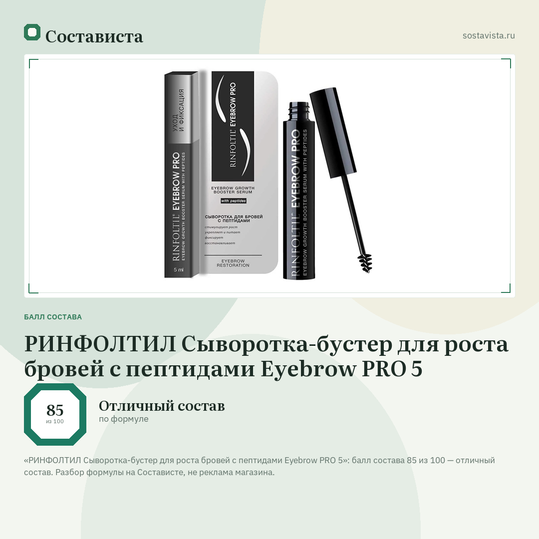 РИНФОЛТИЛ Сыворотка-бустер для роста бровей с пептидами Eyebrow PRO 5: балл состава 85 из 100 — Состависта