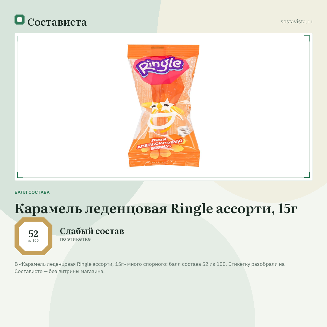 Карамель леденцовая Ringle ассорти, 15г: балл состава 52 из 100 — Состависта