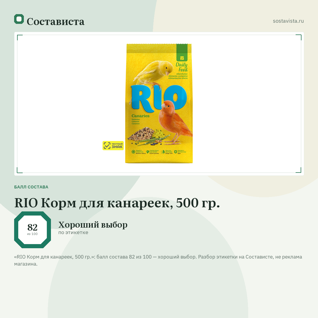 RIO Корм для канареек, 500 гр.: балл состава 82 из 100 — Состависта