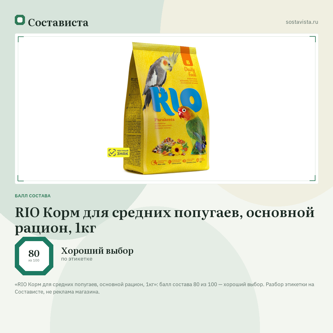 RIO Корм для средних попугаев, основной рацион, 1кг: балл состава 80 из 100 — Состависта