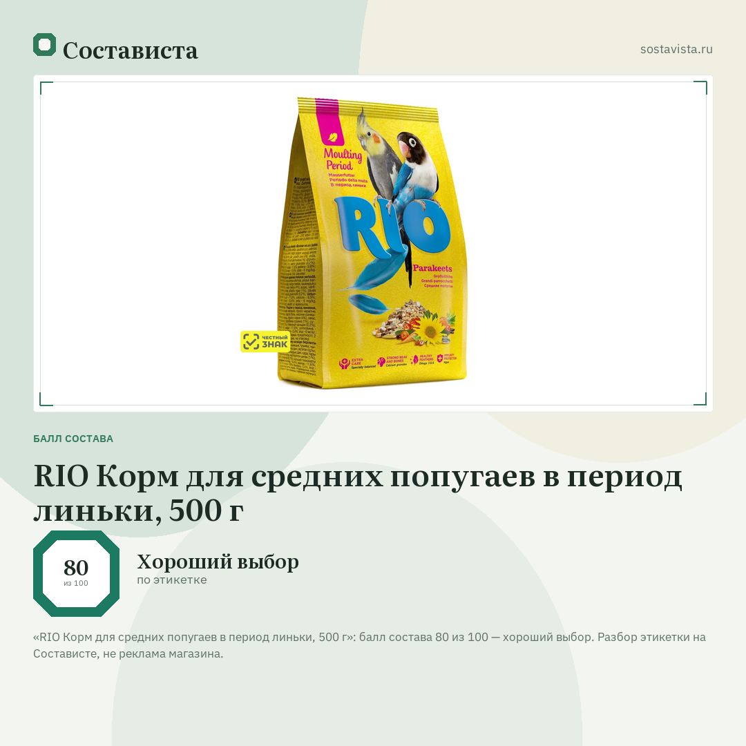 RIO Корм для средних попугаев в период линьки, 500 г: балл состава 80 из 100 — Состависта