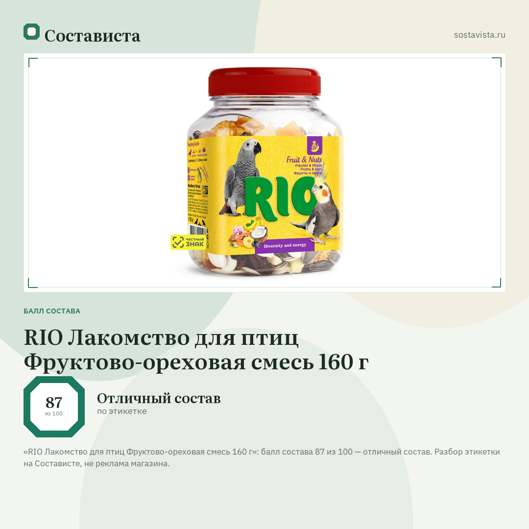 RIO Лакомство для птиц Фруктово-ореховая смесь 160 г: балл состава 87 из 100 — Состависта