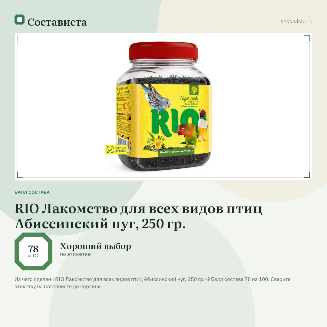 RIO Лакомство для всех видов птиц Абиссинский нуг, 250 гр.: балл состава 78 из 100 — Состависта
