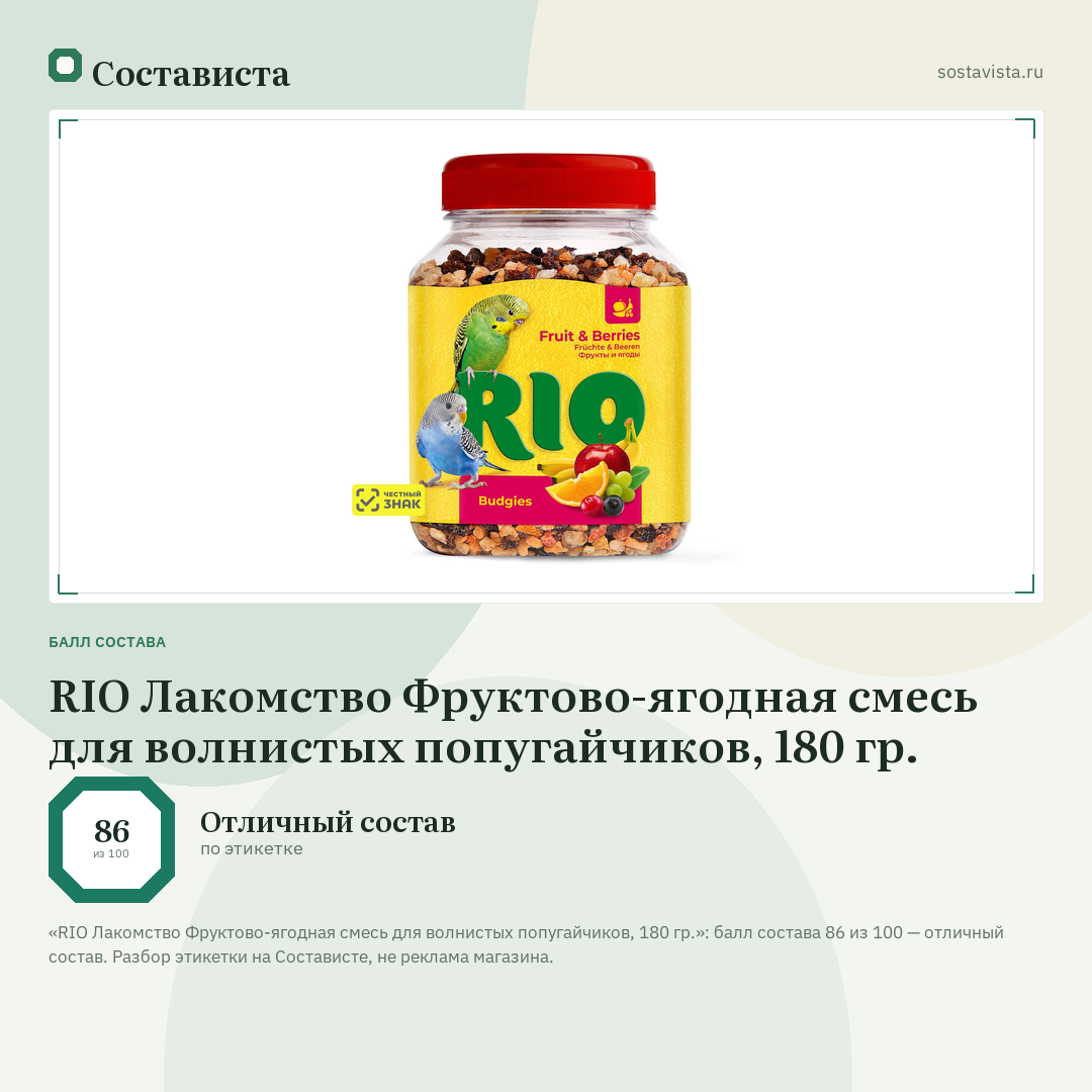 RIO Лакомство Фруктово-ягодная смесь для волнистых попугайчиков, 180 гр.: балл состава 86 из 100 — Состависта