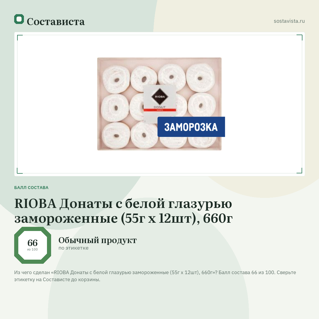 RIOBA Донаты с белой глазурью замороженные (55г x 12шт), 660г: балл состава 66 из 100 — Состависта