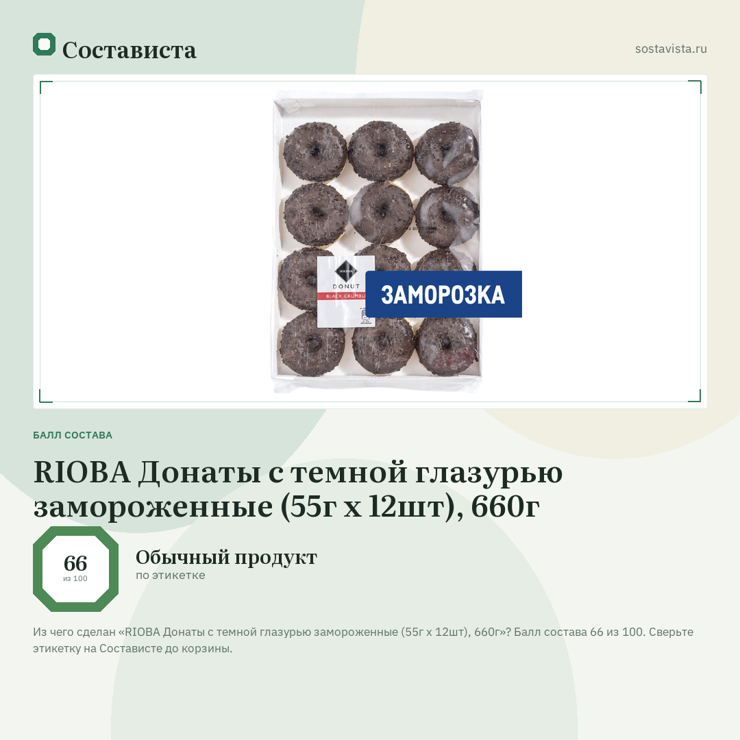 RIOBA Донаты с темной глазурью замороженные (55г x 12шт), 660г: балл состава 66 из 100 — Состависта