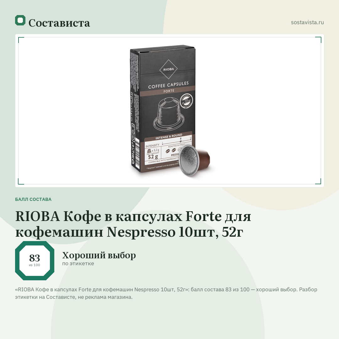 RIOBA Кофе в капсулах Forte для кофемашин Nespresso 10шт, 52г: балл состава 83 из 100 — Состависта