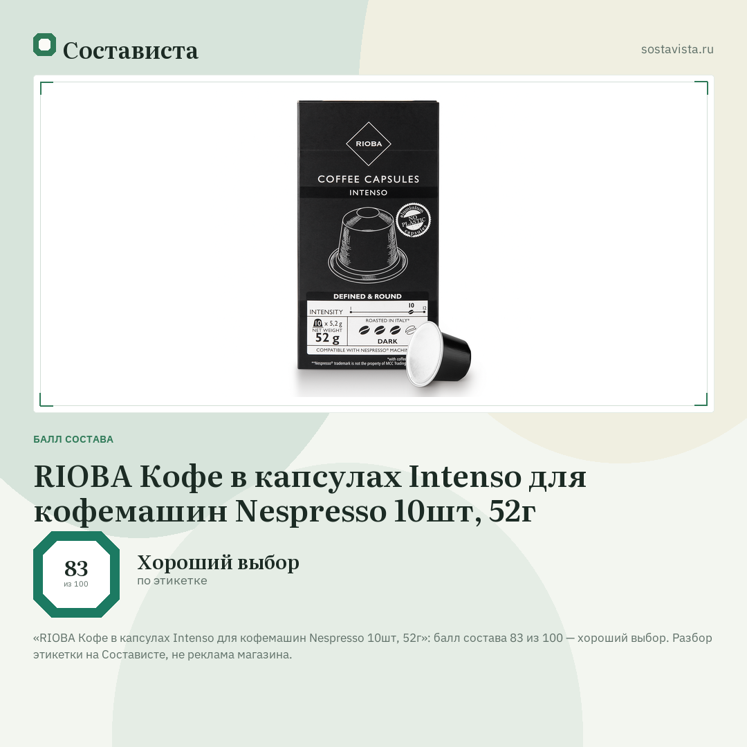 RIOBA Кофе в капсулах Intenso для кофемашин Nespresso 10шт, 52г: балл состава 83 из 100 — Состависта
