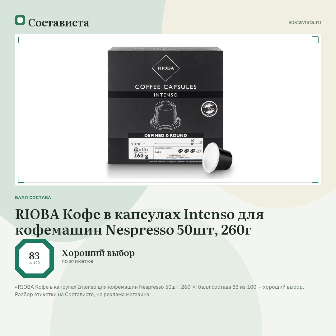RIOBA Кофе в капсулах Intenso для кофемашин Nespresso 50шт, 260г: балл состава 83 из 100 — Состависта