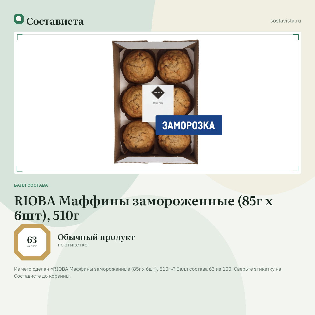 RIOBA Маффины замороженные (85г x 6шт), 510г: балл состава 63 из 100 — Состависта