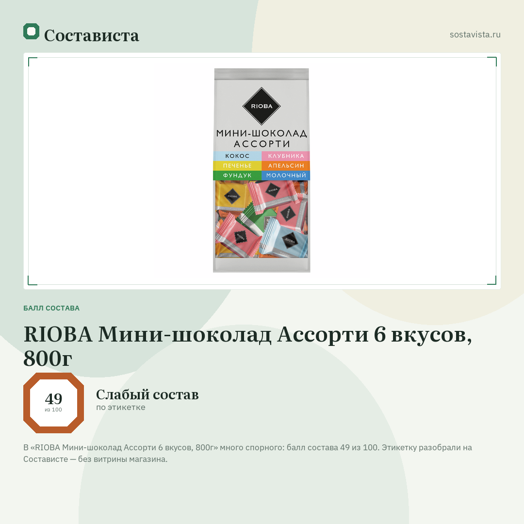 RIOBA Мини-шоколад Ассорти 6 вкусов, 800г: балл состава 49 из 100 — Состависта