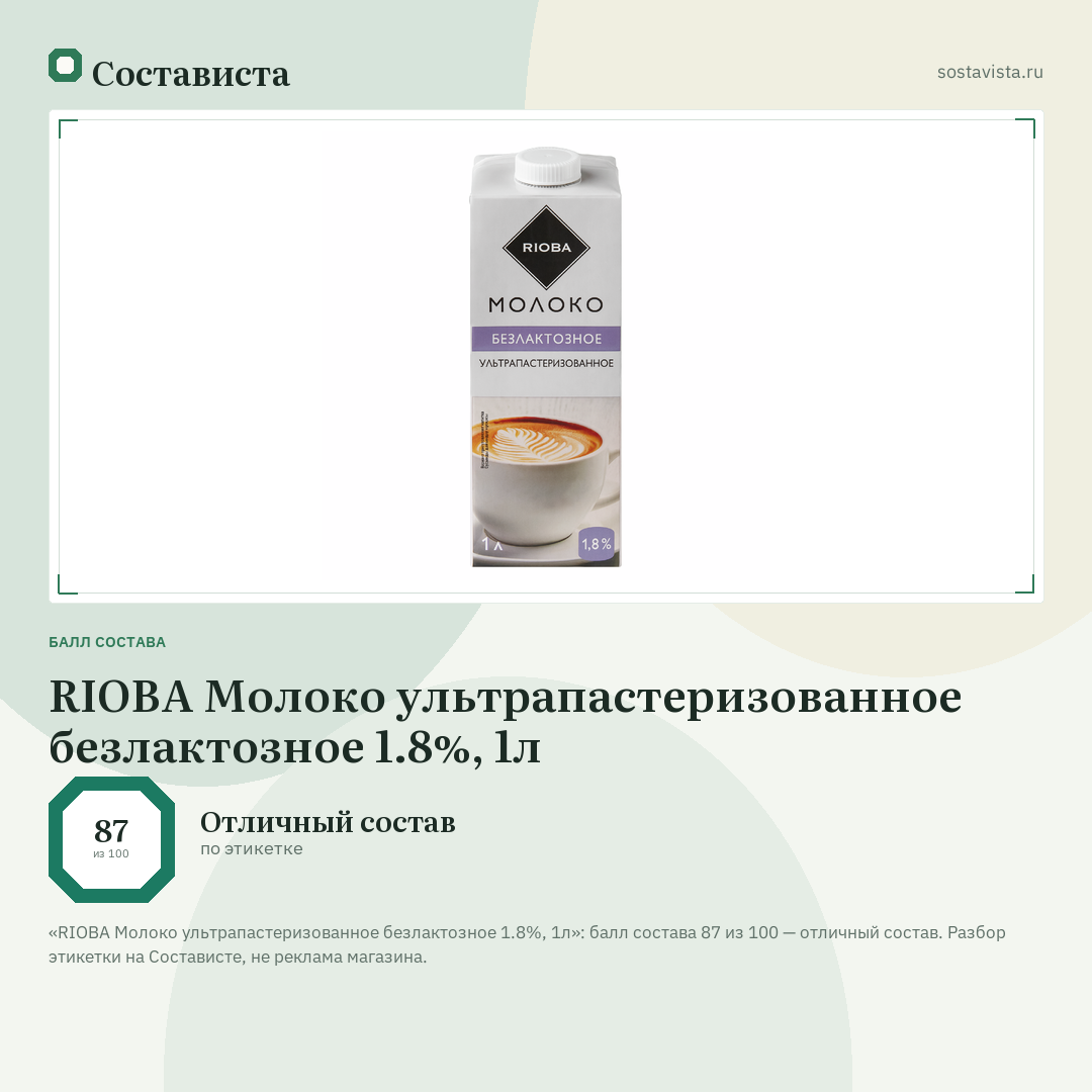RIOBA Молоко ультрапастеризованное безлактозное 1.8%, 1л: балл состава 87 из 100 — Состависта