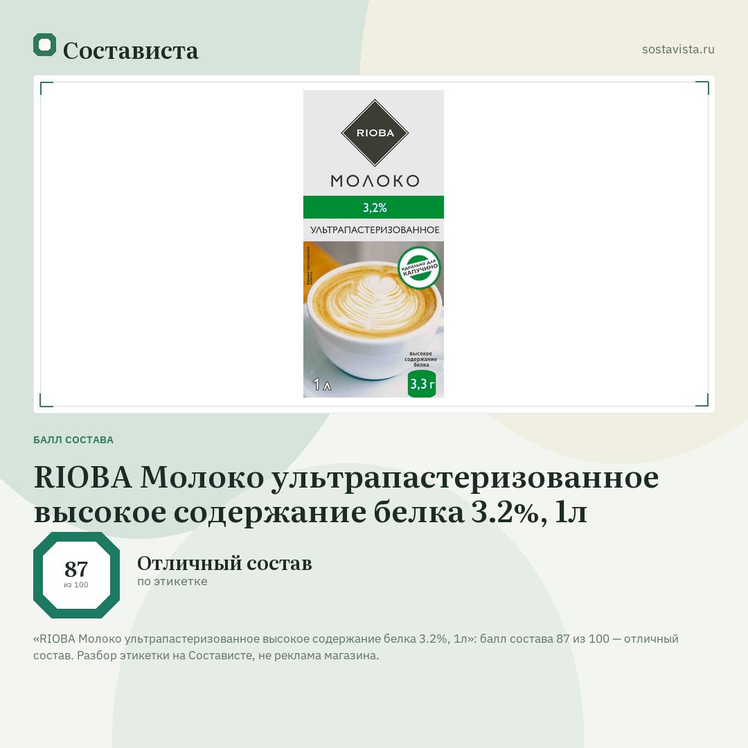 RIOBA Молоко ультрапастеризованное высокое содержание белка 3.2%, 1л: балл состава 87 из 100 — Состависта