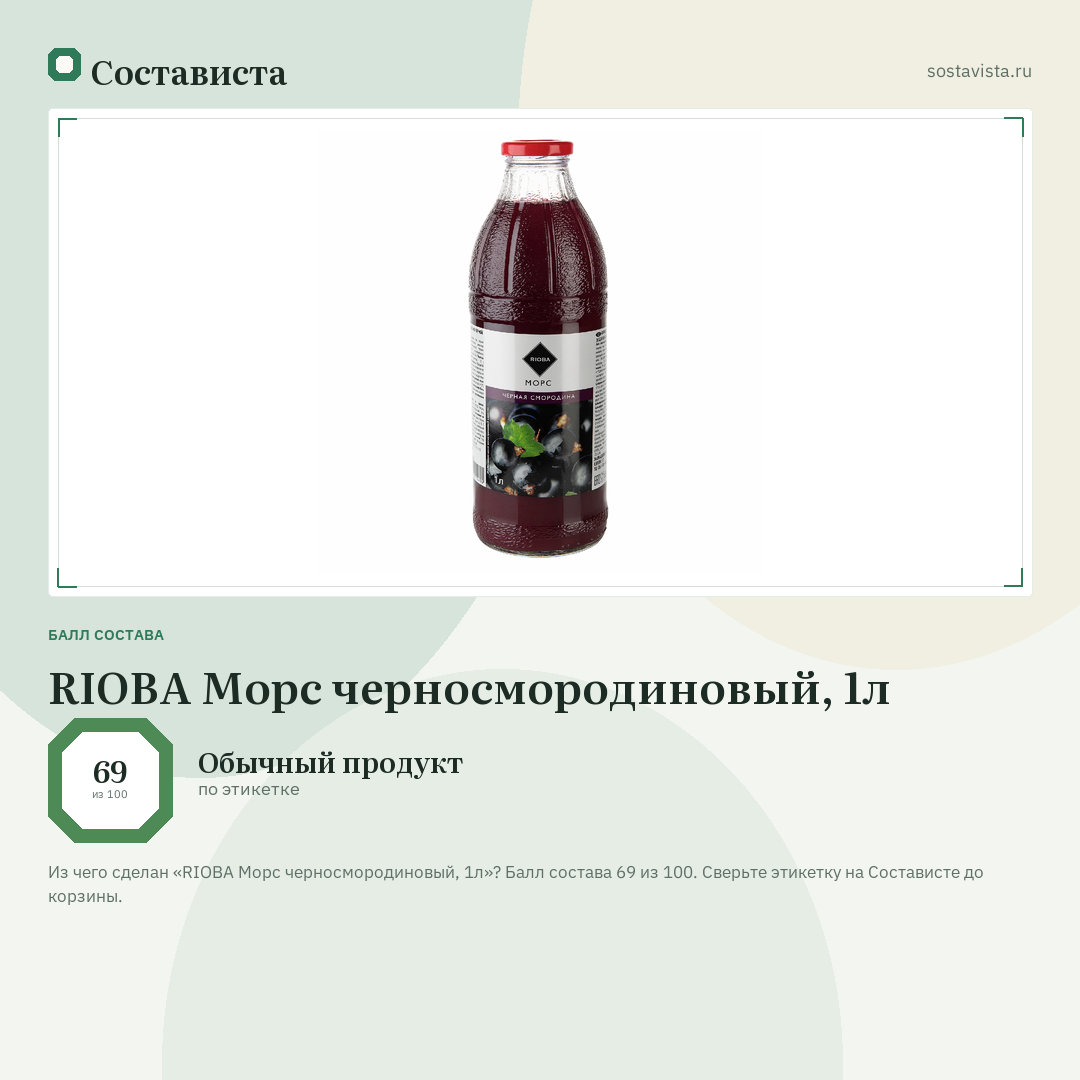RIOBA Морс черносмородиновый, 1л: балл состава 69 из 100 — Состависта