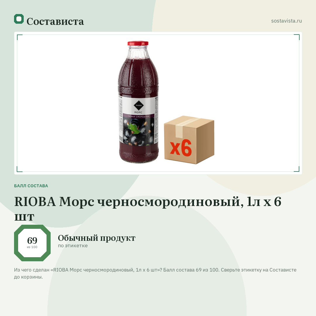RIOBA Морс черносмородиновый, 1л x 6 шт: балл состава 69 из 100 — Состависта
