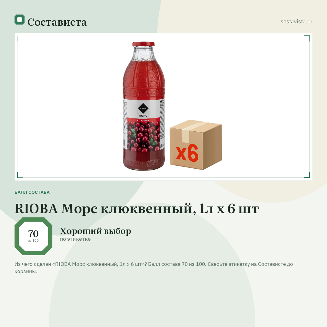 RIOBA Морс клюквенный, 1л x 6 шт: балл состава 70 из 100 — Состависта