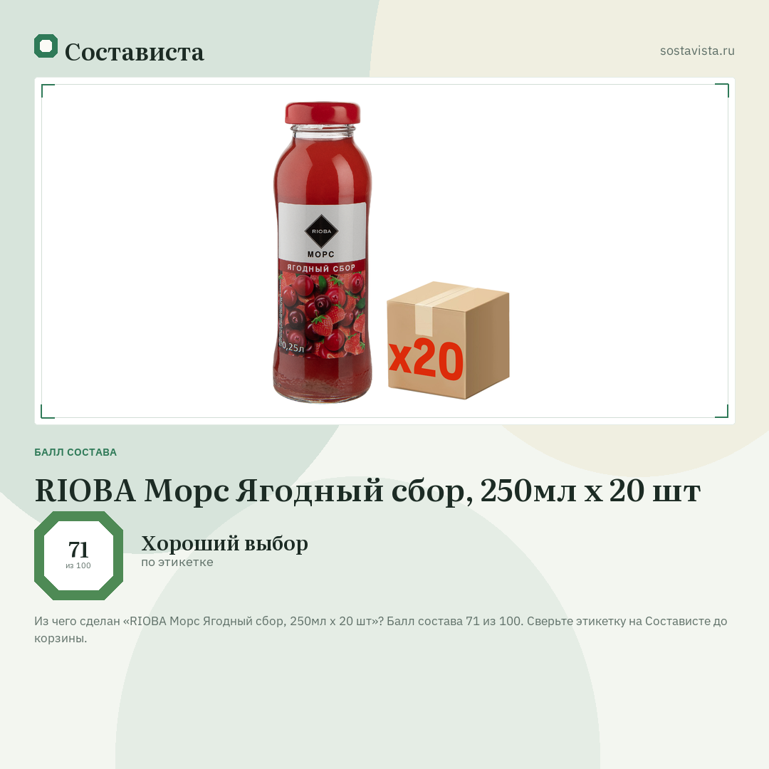 RIOBA Морс Ягодный сбор, 250мл x 20 шт: балл состава 71 из 100 — Состависта