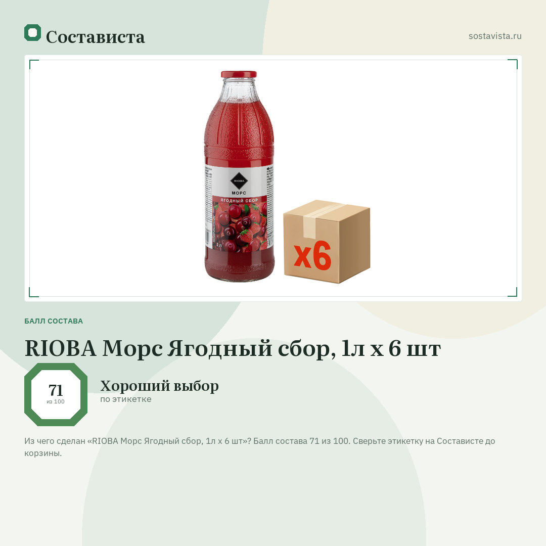 RIOBA Морс Ягодный сбор, 1л x 6 шт: балл состава 71 из 100 — Состависта
