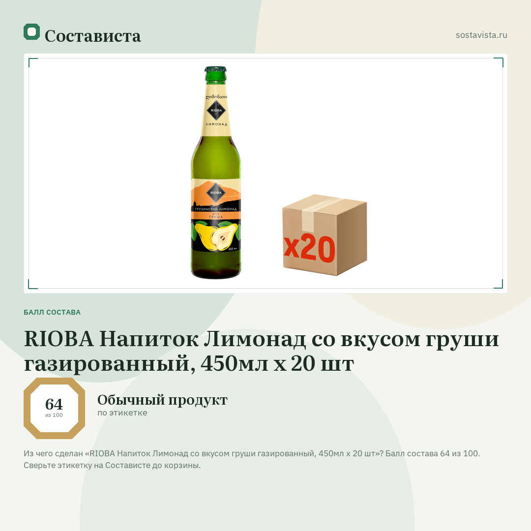 RIOBA Напиток Лимонад со вкусом груши газированный, 450мл x 20 шт: балл состава 64 из 100 — Состависта