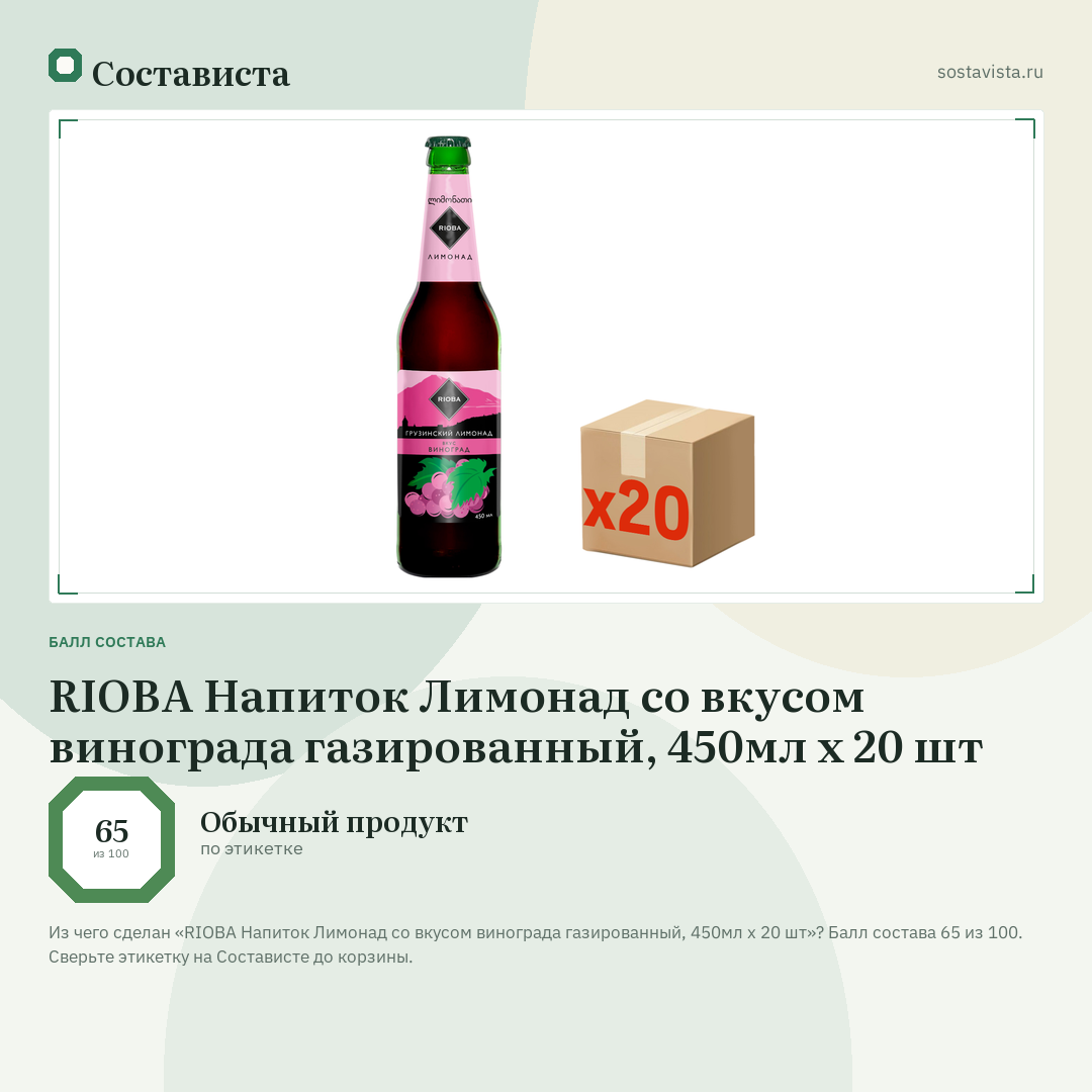 RIOBA Напиток Лимонад со вкусом винограда газированный, 450мл x 20 шт: балл состава 65 из 100 — Состависта