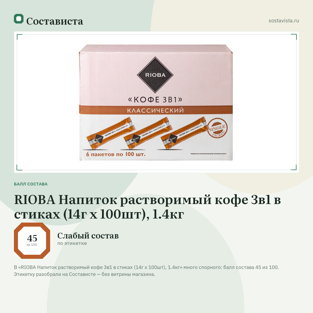RIOBA Напиток растворимый кофе 3в1 в стиках (14г x 100шт), 1.4кг: балл состава 45 из 100 — Состависта