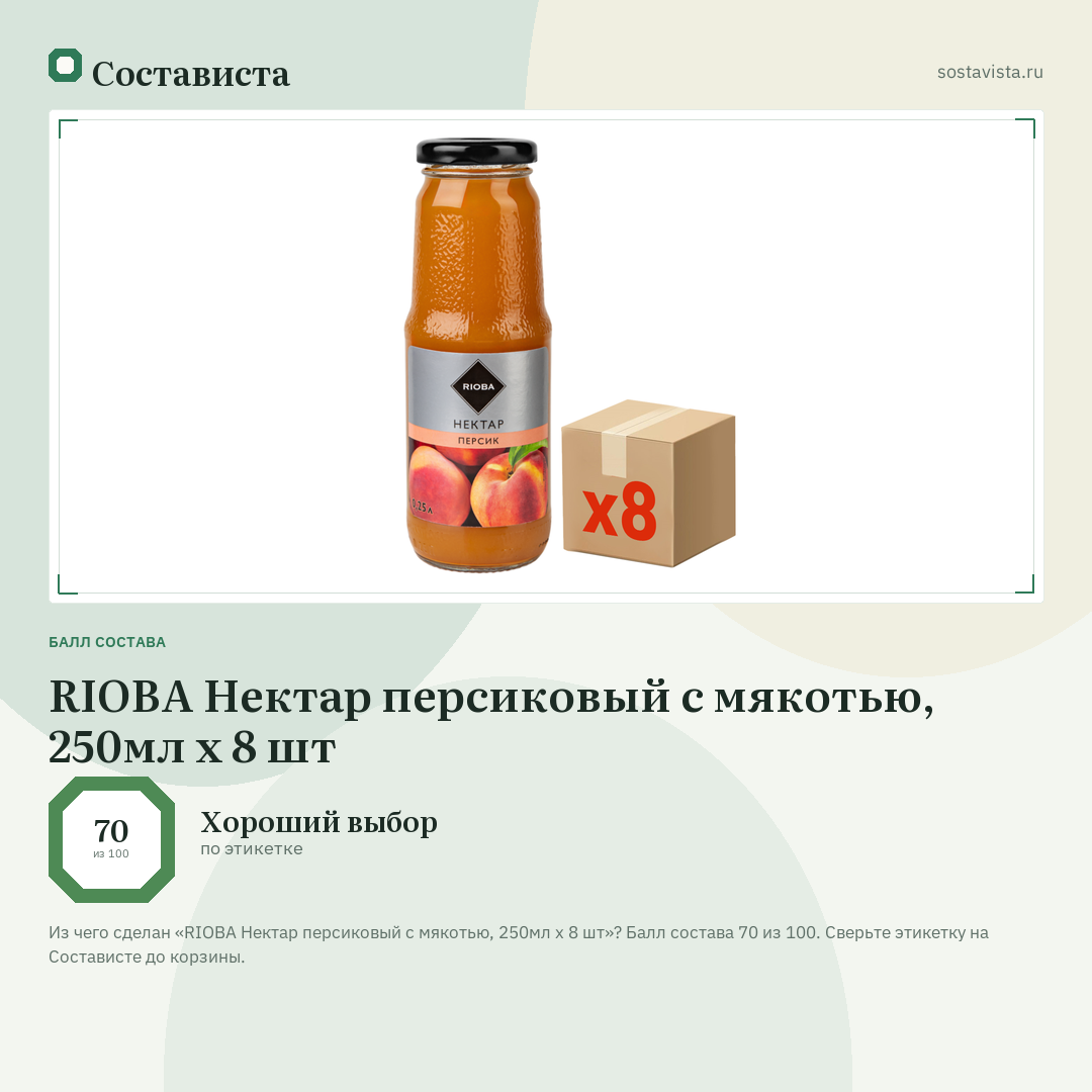 RIOBA Нектар персиковый с мякотью, 250мл x 8 шт: балл состава 70 из 100 — Состависта