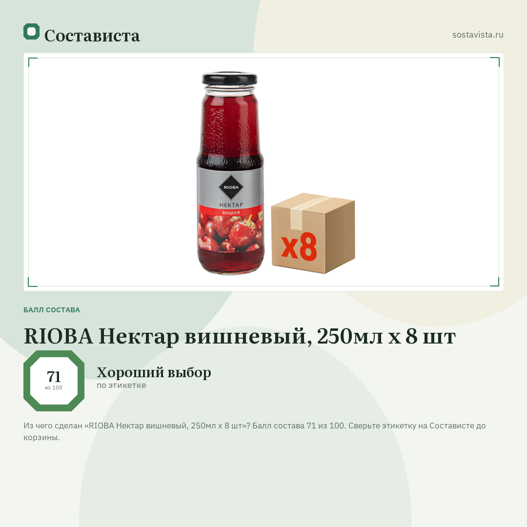RIOBA Нектар вишневый, 250мл x 8 шт: балл состава 71 из 100 — Состависта