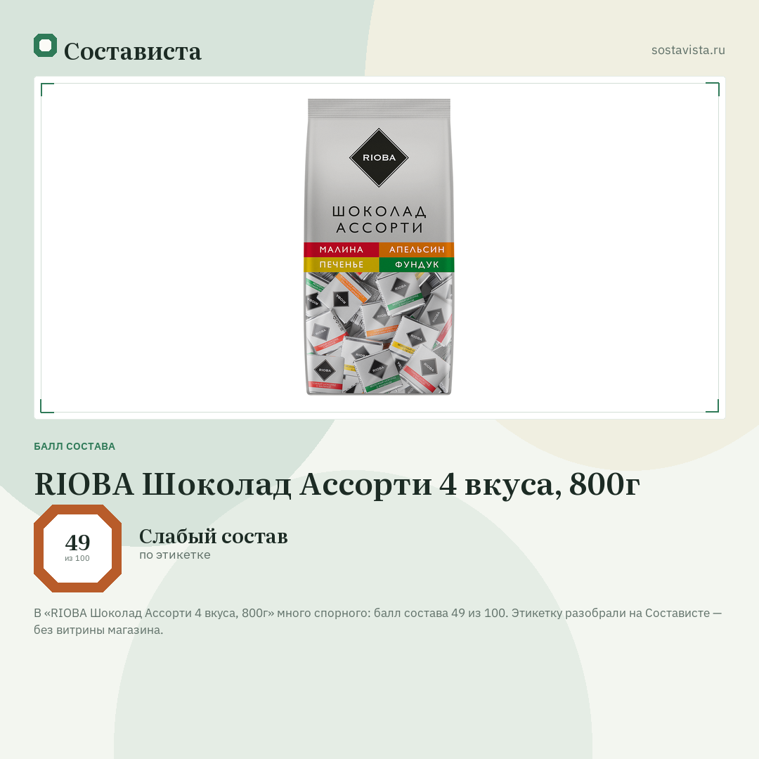 RIOBA Шоколад Ассорти 4 вкуса, 800г: балл состава 49 из 100 — Состависта