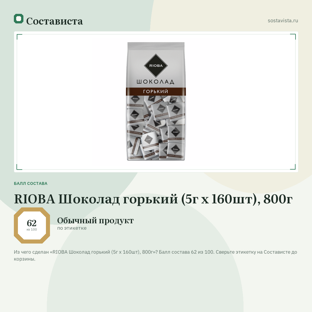 RIOBA Шоколад горький (5г х 160шт), 800г: балл состава 62 из 100 — Состависта