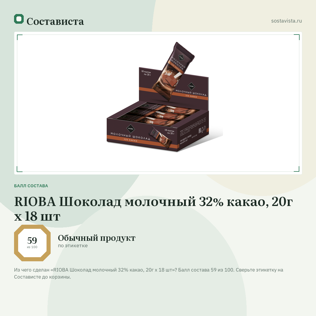 RIOBA Шоколад молочный 32% какао, 20г x 18 шт: балл состава 59 из 100 — Состависта