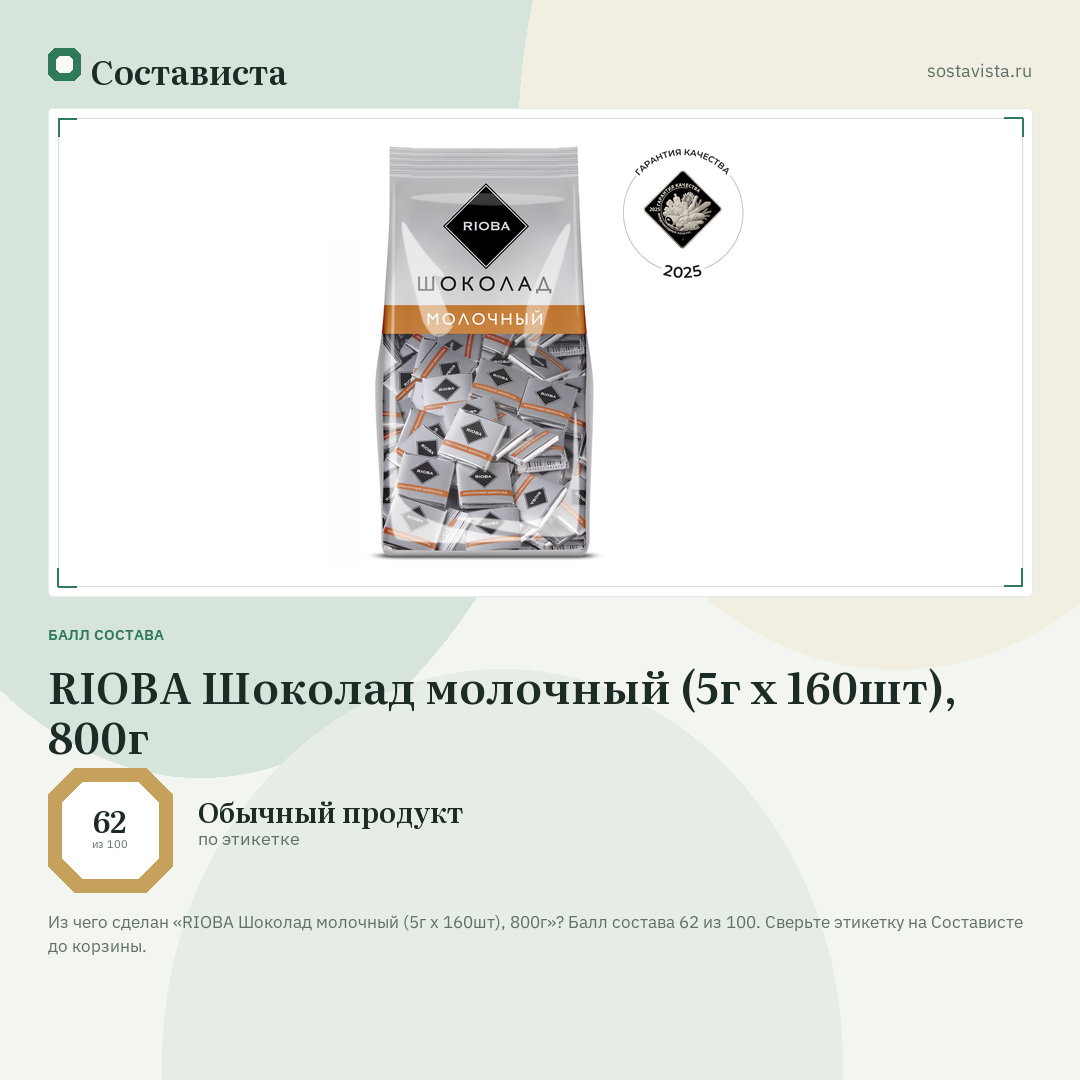 RIOBA Шоколад молочный (5г х 160шт), 800г: балл состава 62 из 100 — Состависта