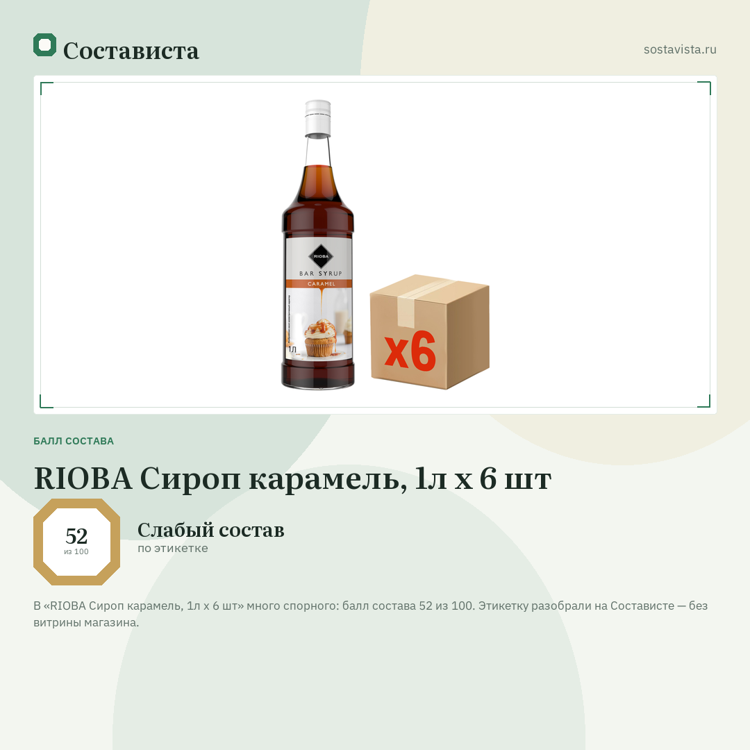 RIOBA Сироп карамель, 1л x 6 шт: балл состава 52 из 100 — Состависта