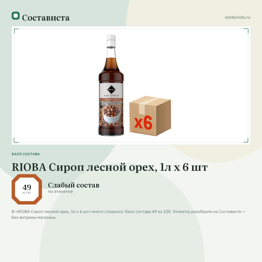 RIOBA Сироп лесной орех, 1л x 6 шт: балл состава 49 из 100 — Состависта