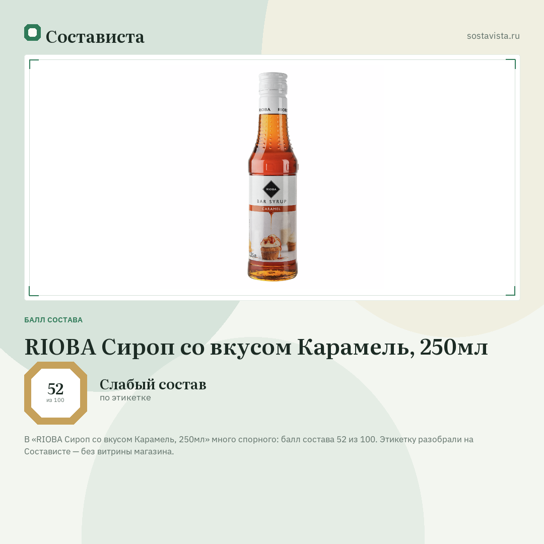 RIOBA Сироп со вкусом Карамель, 250мл: балл состава 52 из 100 — Состависта