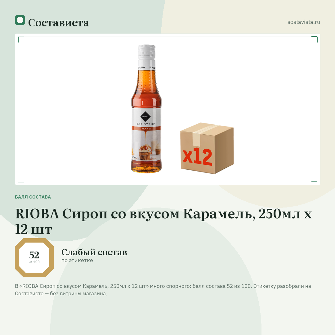 RIOBA Сироп со вкусом Карамель, 250мл x 12 шт: балл состава 52 из 100 — Состависта