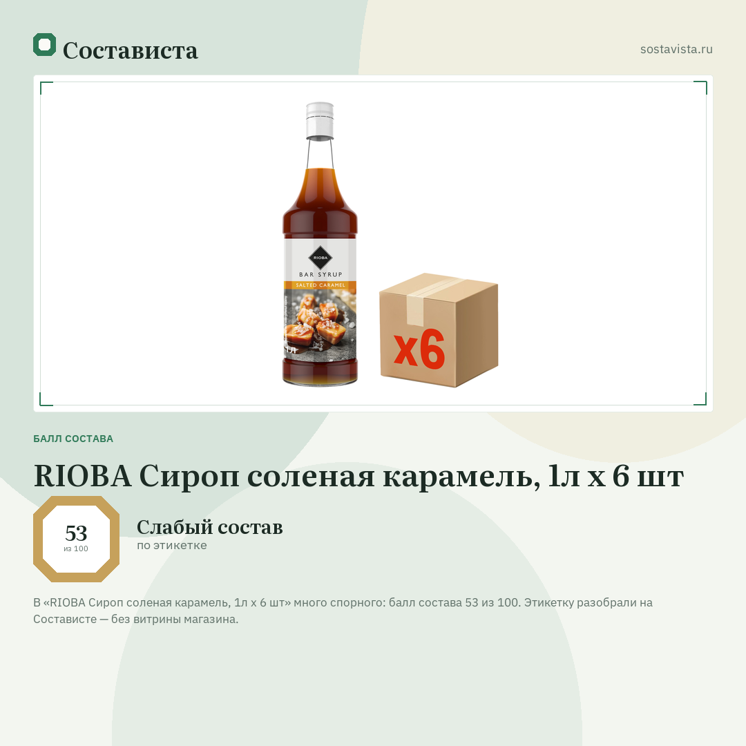 RIOBA Сироп соленая карамель, 1л x 6 шт: балл состава 53 из 100 — Состависта